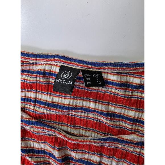 VOLCOM Red Orange Blue Ribbed Retro Sporty Active Crop Top Tee SZ S - Picture 4 of 8